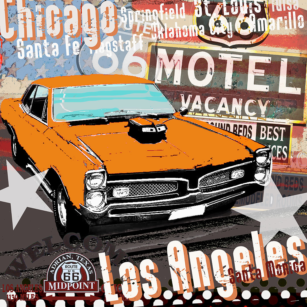burkhard lohren - route 66 - orange pontiac gto - 70 x 70 cm